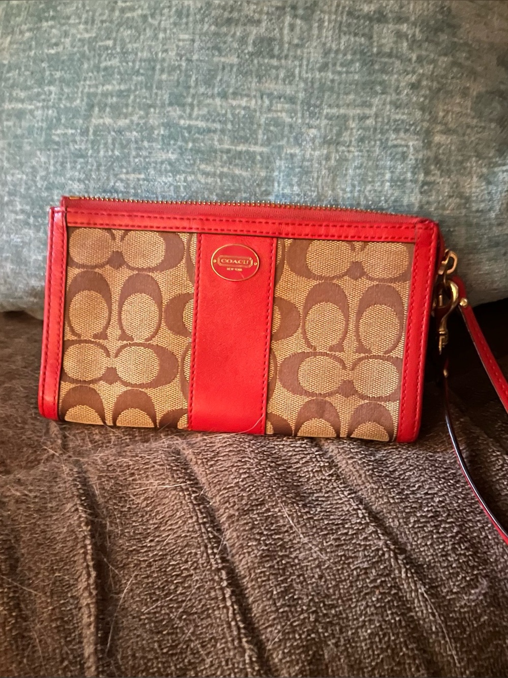 Coach Brown Signature Canvas Wristlet with Red Leather Trim